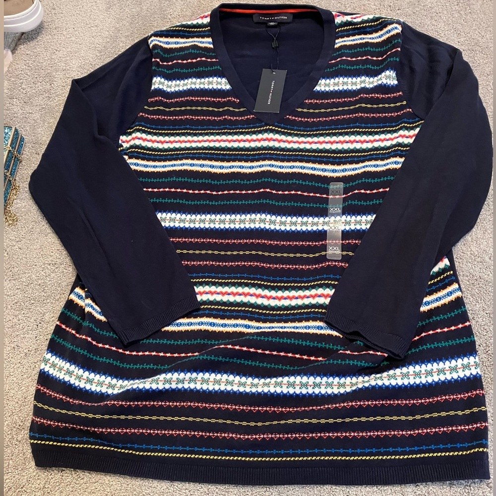 Tommy Hilfiger colorful sweater on navy background sz XXL women’s